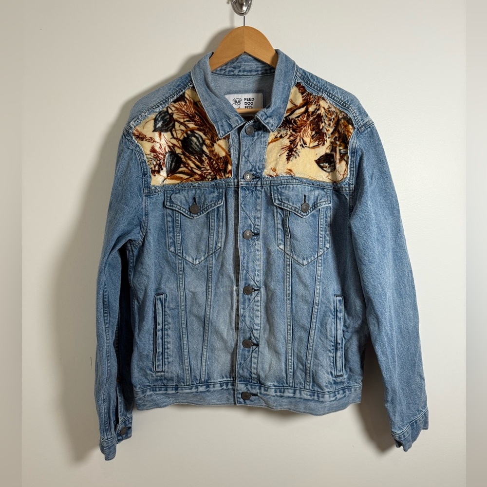 Custom Upcycled Denim Jacket with Floral Pattern Upholstery cutouts